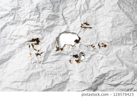 Burnt hole on crumpled sheet of white paper on a white background. Creased and wrinkled paper surface. Copy space Burnt hole on crumpled sheet of white paper on a white background. Creased and wrinkled paper surface. Copy space 128578423