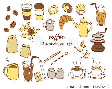 手繪咖啡和咖啡館插圖集（黃色） 128578440
