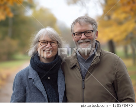 Elderly Couple Smiling Together in a Serene Park During Autumn With Colorful Leaves in the Background 128578470