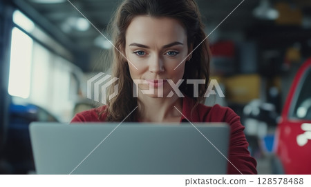 Woman Using Laptop in Garage While Working on Automotive Project During the Day 128578488