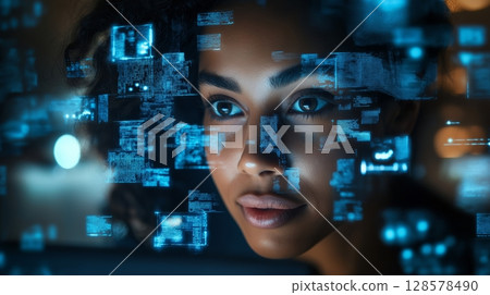 Woman Focused on Digital Data Analysis in a Modern Tech Environment at Night 128578490