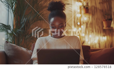 Woman Smiles While Using Laptop in Cozy Living Room Filled With Soft Lights and Plants During Evening Time 128578518