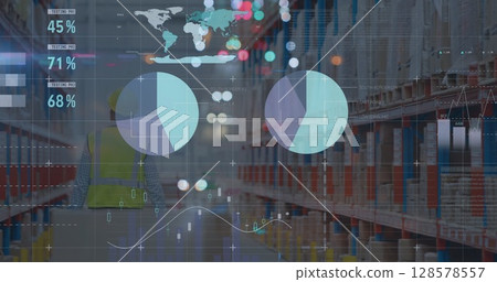 Image of graphs and financial data over caucasian male warehouse worker 128578557