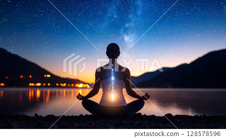 Woman doing yoga on star beach with glowing chakra landscape 128578596
