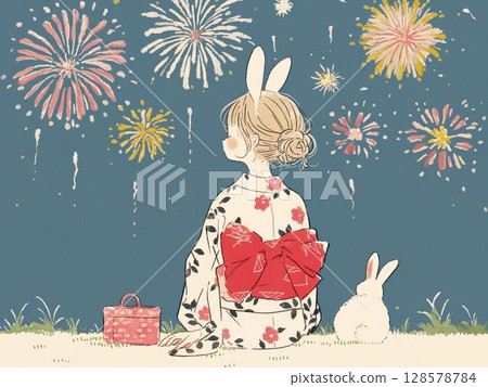 A girl in a yukata and a rabbit look up at summer fireworks 128578784