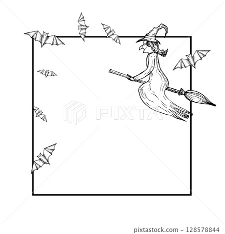 Vector frame with halloween witch flying on a broom witch hat and bat. Hand painted linear wizard cap illustration. Graphic monochrome sketch isolated on background. For designers, prints, logo, icon Vector frame with halloween witch flying on a broom witch hat and bat. Hand painted linear wizard cap illustration. Graphic monochrome sketch isolated on background. For designers, prints, logo, icon 128578844