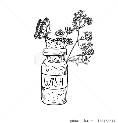 Vector Glass potion bottle with cork and wish sign, tansy and butterfly. Hand painted linear wizard halloween illustration. Graphic magic monochrome sketch isolated on background. For designers Vector Glass potion bottle with cork and wish sign, tansy and butterfly. Hand painted linear wizard halloween illustration. Graphic magic monochrome sketch isolated on background. For designers 128578845