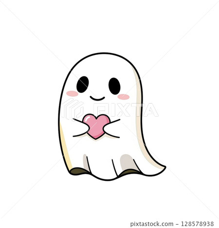Cute Cartoon Ghost Holding Pink Heart 128578938