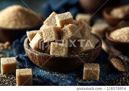 Raw organic brown sugar cubes in a bowl 128578954
