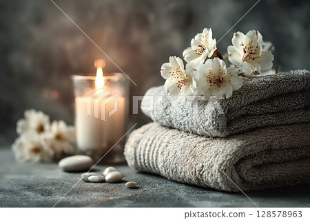 Soft towels, burning candle and white flowers creating relaxing spa atmosphere 128578963
