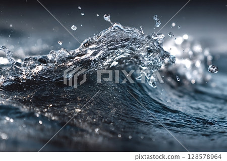 Dark blue ocean wave breaking and splashing water droplets Dark blue ocean wave breaking and splashing water droplets 128578964