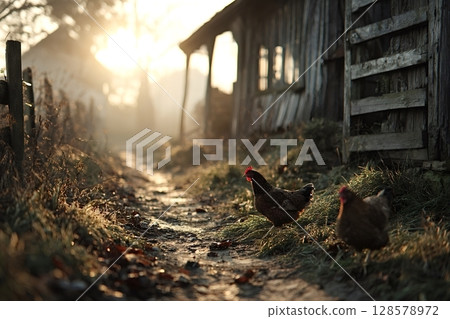 Chickens walking on path near wooden barn at sunrise Chickens walking on path near wooden barn at sunrise 128578972