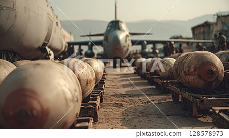 Rows of bombs waiting for loading on military cargo airplane 128578973