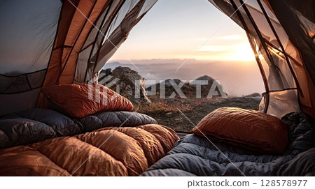 Camping tent open to mountain vista at sunset with sleeping bags 128578977