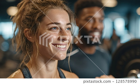 Happy woman working out with personal trainer in gym 128578990