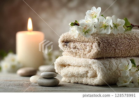 Stacked towels, burning candle, and cherry blossoms creating relaxing spa ambiance 128578991
