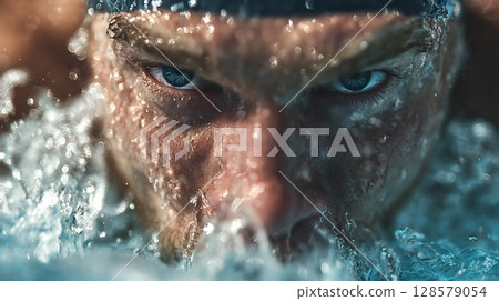 Determined swimmer breathing while swimming butterfly stroke in water Determined swimmer breathing while swimming butterfly stroke in water 128579054