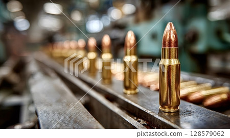 Production line manufacturing bullets in munitions factory 128579062