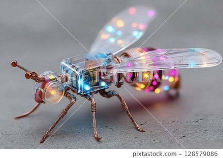 Electronic firefly illuminating the night with colorful lights and wires Electronic firefly illuminating the night with colorful lights and wires 128579086