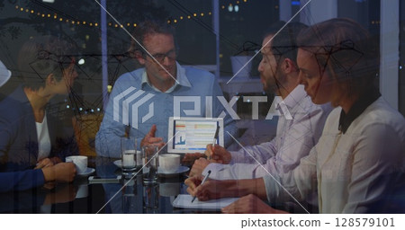 Image of financial data processing and pylon over diverse business people 128579101