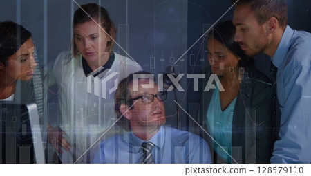 Image of financial data processing over diverse business people 128579110