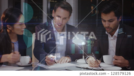 Image of financial data processing over diverse business people 128579126