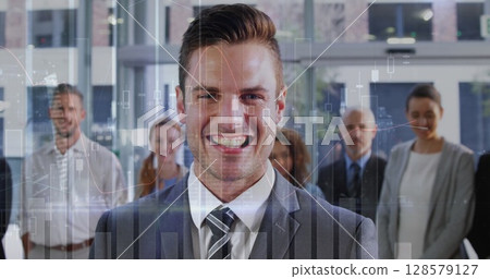 Image of financial data processing over diverse business people 128579127
