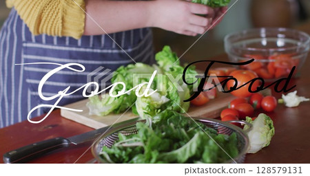 Image of good food text over caucasian woman cooking 128579131