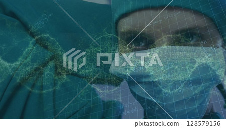 Image of waves and math formulas over caucasian female surgeon in face mask 128579156
