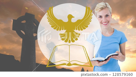 Image of bible icon over happy caucasian woman reading bible Image of bible icon over happy caucasian woman reading bible 128579160