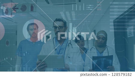 Image of graphs and data over diverse female and male doctors with x ray walking in hospital Image of graphs and data over diverse female and male doctors with x ray walking in hospital 128579182