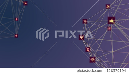 Image of network of connections with icons over violet background 128579194