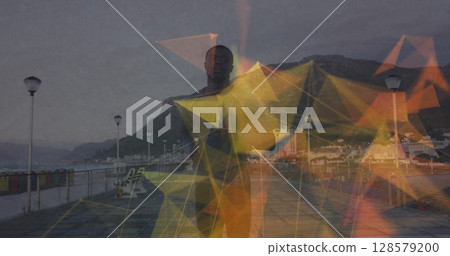 Image of geometrical shapes over african american fit man running on promenade 128579200