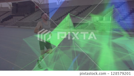 Image of geometrical shapes over caucasian male with running blade training at stadium 128579201