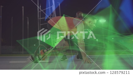 Image of geometrical shapes over caucasian man with running blade preparing to start Image of geometrical shapes over caucasian man with running blade preparing to start 128579211