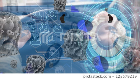 Image of diverse data, processing circle and gears over cars Image of diverse data, processing circle and gears over cars 128579219