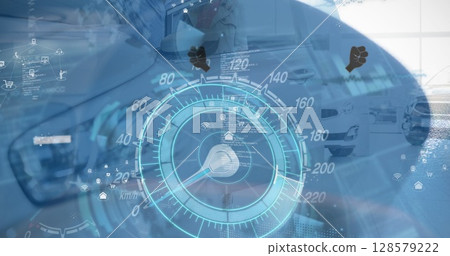 Image of icons floating over speedometer and car 128579222
