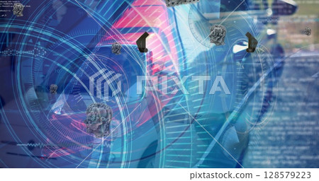 Image of data processing and gears over cars 128579223