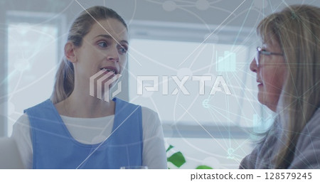 Image of network of connections over caucasian woman talking 128579245