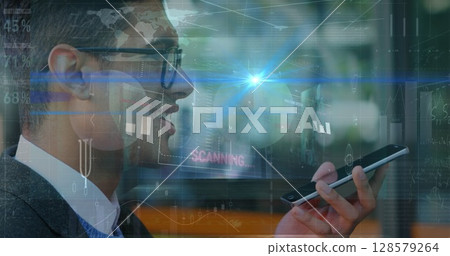 Image of financial data processing over biracial businessman using smartphone 128579264