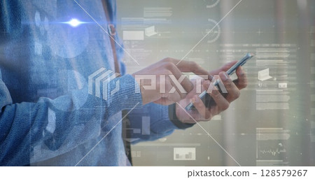 Image of statistics and financial data processing over caucasian businessman using smartphone Image of statistics and financial data processing over caucasian businessman using smartphone 128579267