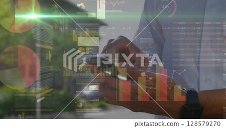 Image of statistics and financial data processing over caucasian businessman using smartphone 128579270