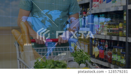 Image of data processing over caucasian man with trolley in shop 128579281