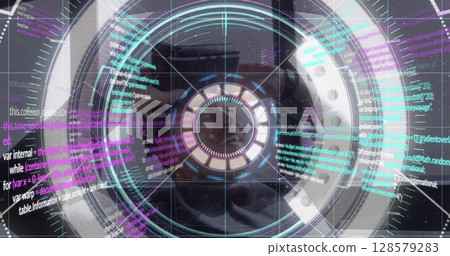 Image of data processing and scope scanning over caucasian man with vr headset Image of data processing and scope scanning over caucasian man with vr headset 128579283