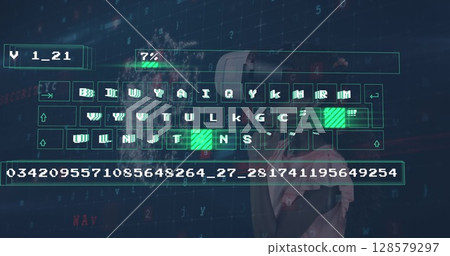 Image of digital data processing on keyboard over caucasian girl wearing vr headset 128579297