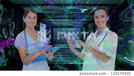 Image of caucasian female doctors over data processing 128579305