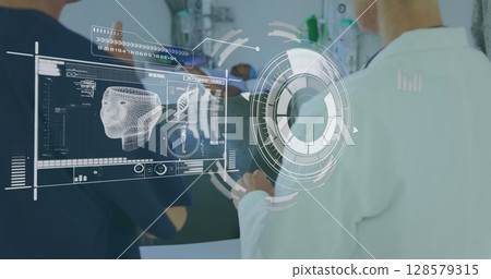 Image of diverse doctors talking over data processing Image of diverse doctors talking over data processing 128579315