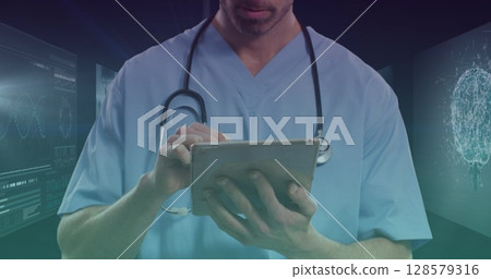 Image of caucasian male doctor with tablet over data processing 128579316