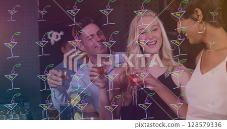 Image of drink icons over happy diverse friends with drinks Image of drink icons over happy diverse friends with drinks 128579336
