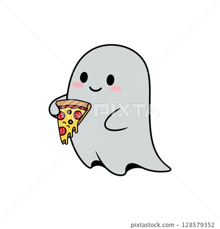 Cute Cartoon Ghost Holding a Slice of Pizza 128579352